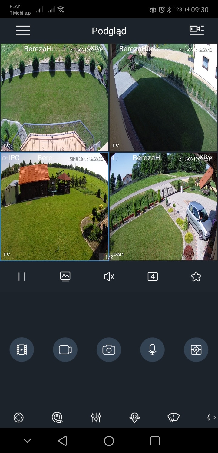 Podgląd z aplikacji monitoringu wizyjnego: cztery kamery IP rejestrujące obraz z różnych części posesji, w tym ogród, podjazd i budynek. Widok z telefonu komórkowego.
