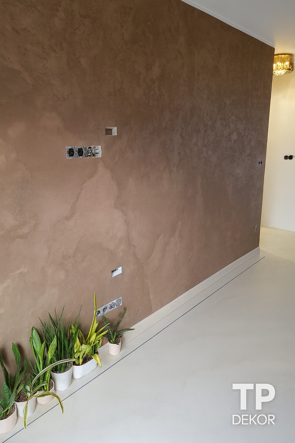 Ściana z dekoracyjną, brązową strukturą, gładka podłoga i rośliny doniczkowe. Widoczne puszki elektryczne bez osprzętu. Oświetlenie sufitowe.