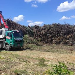 WYLĄG DREWNO BIOMASA ENERGIA - Ciężki sprzęt do wycinki drzew: zielony samochód z dźwigiem i czerwony traktor na tle sterty gałęzi i pni, błękitne niebo z chmurami w tle. Widok z poziomu gruntu.