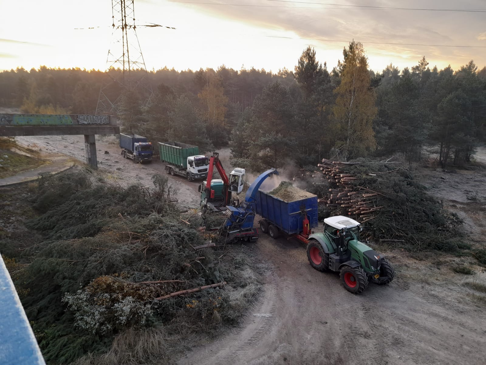 Maszyny do rozdrabniania gałęzi i pni drzew na tle lasu i zachodzącego słońca. Widoczne ciężarówki i sterta pociętego drewna. Prace porządkowe po wycince.