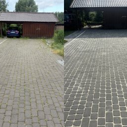 Arkadiusz Lipiec Aligators - Kostka brukowa przed i po czyszczeniu: po lewej zaniedbana, z porostami, po prawej świeżo umyta, ciemnoszara, z widoczną strukturą. W tle wiata garażowa.