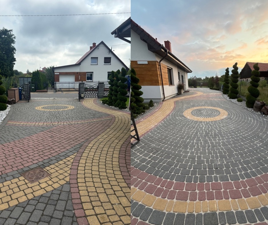 Kostka brukowa przed i po czyszczeniu: po lewej stronie widoczny brudny, zaniedbany bruk, po prawej - wyczyszczony, z odzyskanym kolorem i estetycznym wyglądem.