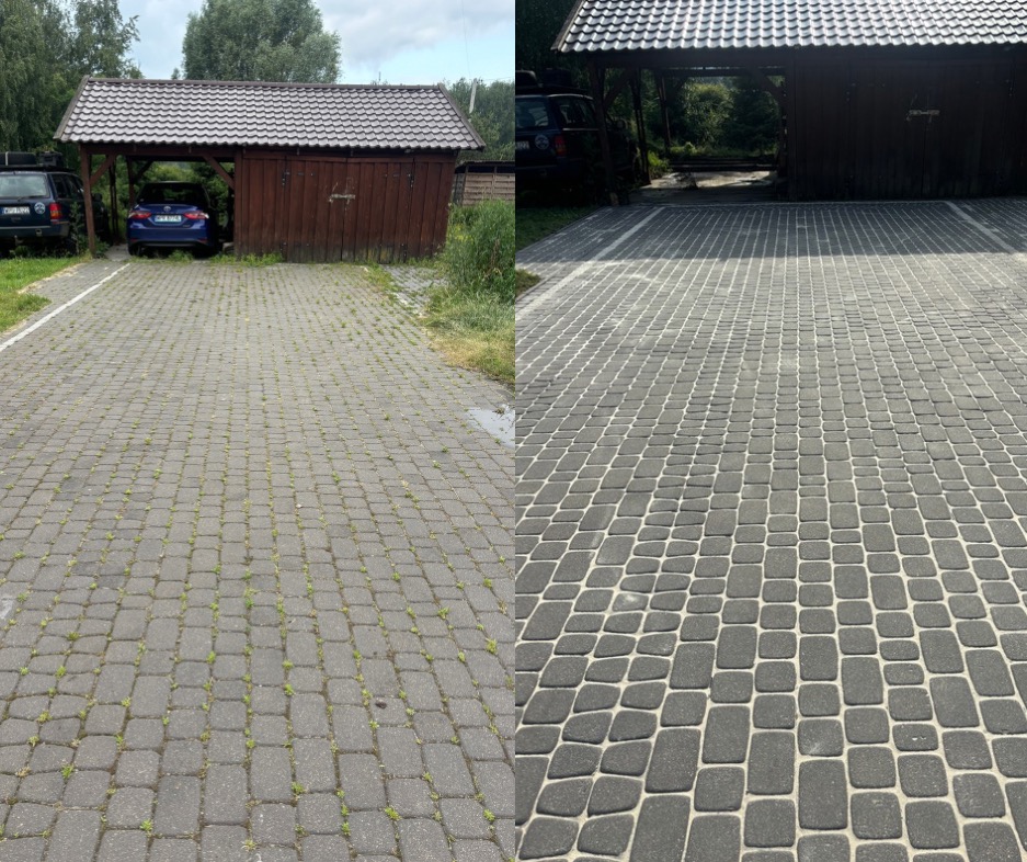 Kostka brukowa przed i po czyszczeniu: po lewej zaniedbana, z porostami, po prawej świeżo umyta, ciemnoszara, z widoczną strukturą. W tle wiata garażowa.
