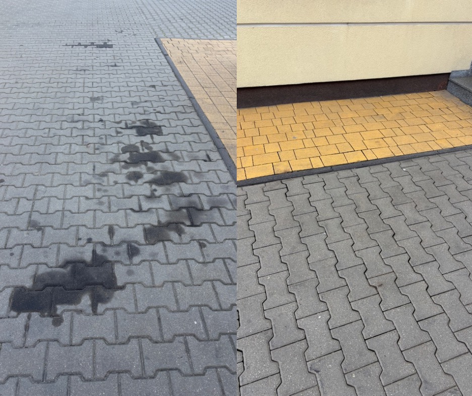 Kostka brukowa przed i po czyszczeniu: widoczne plamy po lewej, czysta powierzchnia po prawej, żółta kostka przy budynku. Efekt mycia ciśnieniowego.