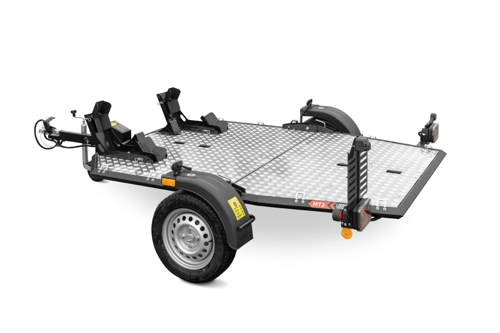 Nowa, czarna przyczepa do transportu motocykli z aluminiową platformą, widoczna z boku na białym tle. Model MT2 LORD.