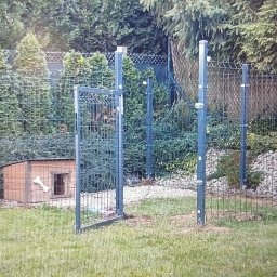 Patryk Żołnowski - Szara, panelowa furtka ogrodzeniowa otwarta na trawniku, z budą dla psa z kością w tle, otoczona zielenią i drzewami. Widok na posesję.