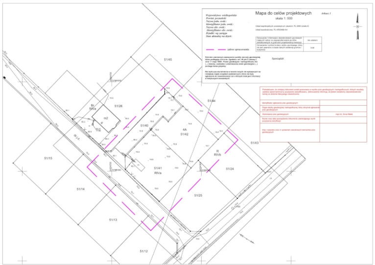 Mapa do celów projektowych w skali 1:500, z zaznaczonymi granicami działek (S1/12, S1/13, S1/14, S1/15, S1/24, S1/25, S1/26, S1/40, S1/42, S1/43, S1/44, S1/45).