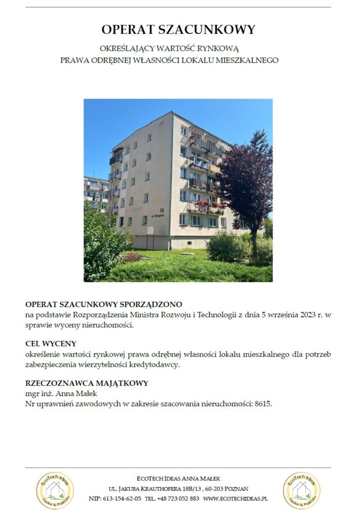 Operat szacunkowy mieszkania w bloku z adresem 'ul. Chopina 16', sporządzony przez rzeczoznawcę majątkowego mgr inż. Annę Małek z EcoTech Ideas.