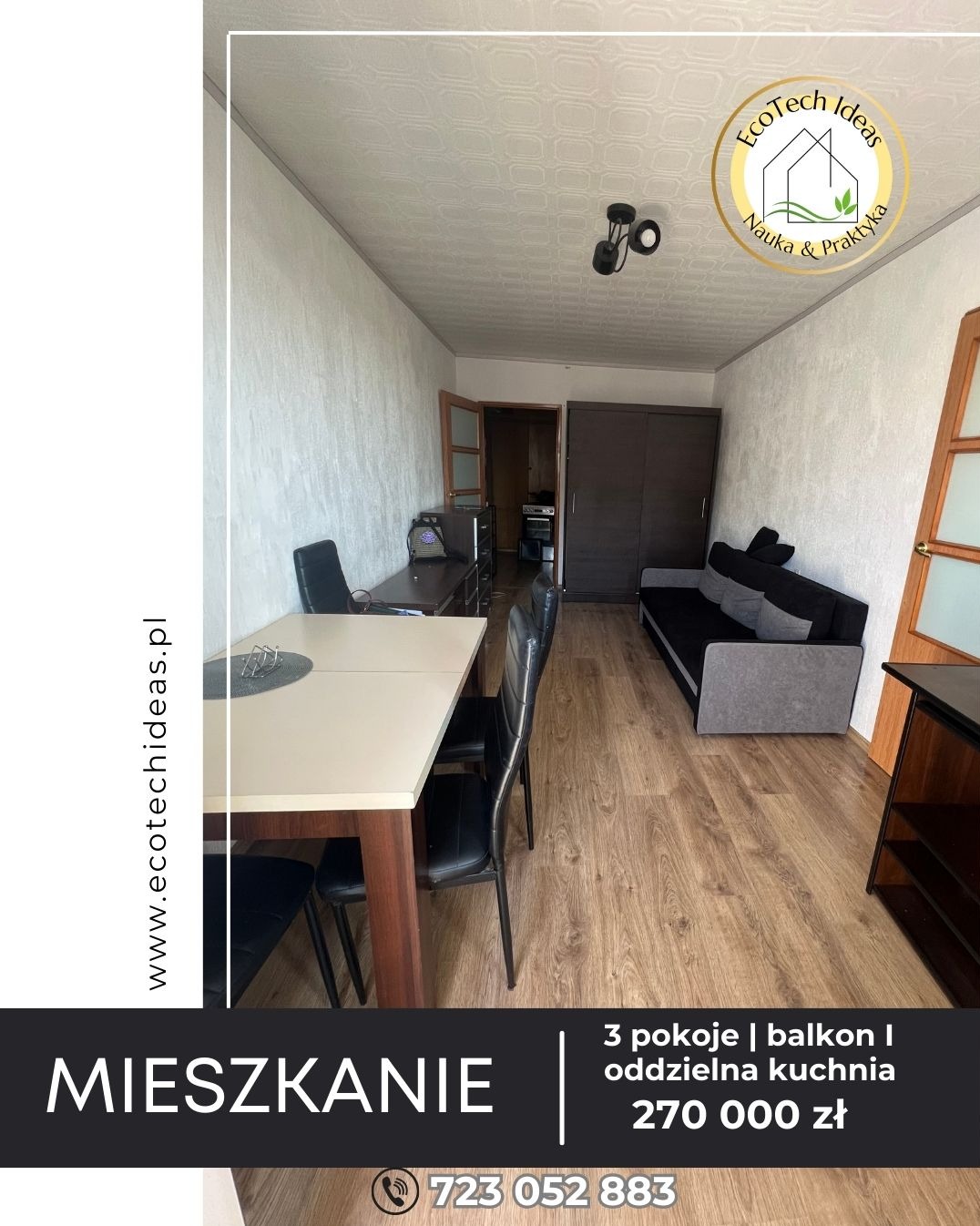 Jasne wnętrze mieszkania z drewnianą podłogą, stołem jadalnym i sofą. Widoczne drzwi do kuchni i szafa. Na suficie charakterystyczna lampa. Oferta sprzedaży nieruchomości.