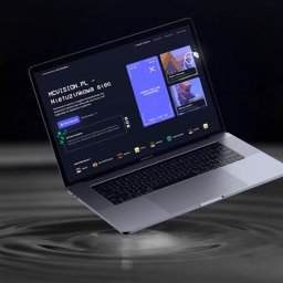 MCVISION - Laptop MacBook Pro z wyświetloną stroną internetową mcvision.pl na ciemnym tle z efektem falowania wody. Prezentacja strony internetowej w nowoczesnym stylu.