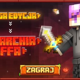 MCVISION - Grafika 3D w stylu Minecraft prezentuje postać z mieczem i napisy 'Druga Edycja Anarchia FFA' oraz 'Zagraj' na bordowym tle z pikselową ramką.