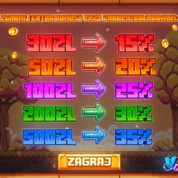 MCVISION - Pixelartowa grafika z bonusami za doładowania w grze: 30 zł - 15%, 50 zł - 20%, 100 zł - 25%, 200 zł - 30%, 500 zł - 35%. Styl retro, pikselowa estetyka.