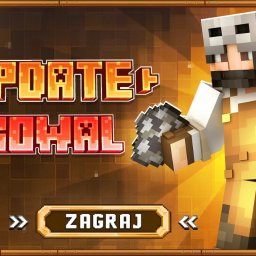 MCVISION - Grafika 2D w stylu Minecraft prezentuje postać kowala z napisem 'Update Kowal' i przyciskiem 'Zagraj', utrzymana w ciepłej, złoto-brązowej kolorystyce z pikselową estetyką.