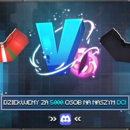 MCVISION - Grafika w stylu Minecraft przedstawia pojedynek dwóch postaci z napisem 'Dziękujemy za 5000 osób na naszym DC!' i logo Discord.