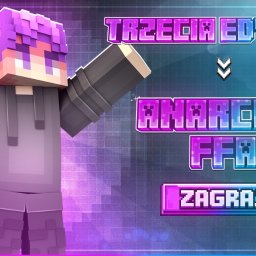 MCVISION - Grafika 3D w stylu Minecraft prezentuje postać z fioletowymi włosami i napisami 'Trzecia Edycja', 'Anarchia FFA' i 'Zagraj' na fioletowo-niebieskim tle.