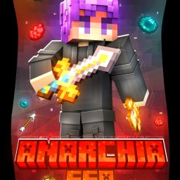 MCVISION - Grafika 3D prezentująca postać z gry wideo z fioletowymi włosami, trzymającą miecz, na tle z elementami graficznymi i napisem 'ANARCHIA FFA'.