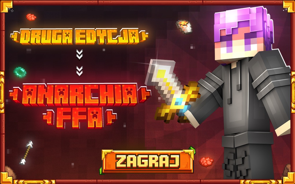 Grafika 3D w stylu Minecraft prezentuje postać z mieczem i napisy 'Druga Edycja Anarchia FFA' oraz 'Zagraj' na bordowym tle z pikselową ramką.