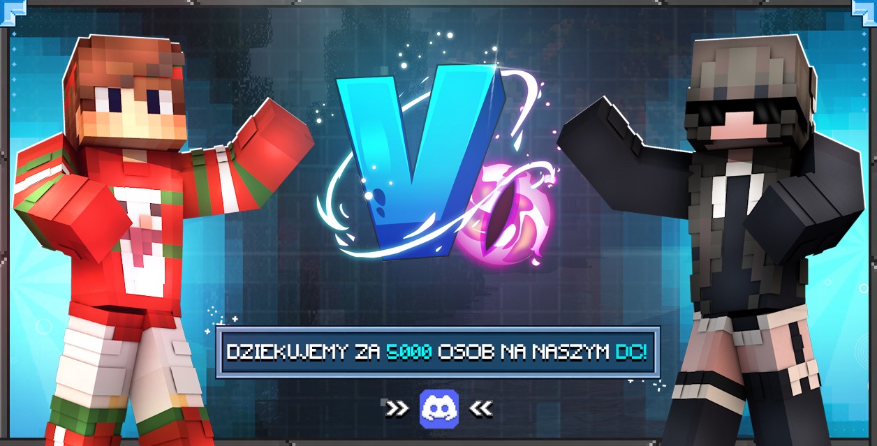 Grafika w stylu Minecraft przedstawia pojedynek dwóch postaci z napisem 'Dziękujemy za 5000 osób na naszym DC!' i logo Discord.
