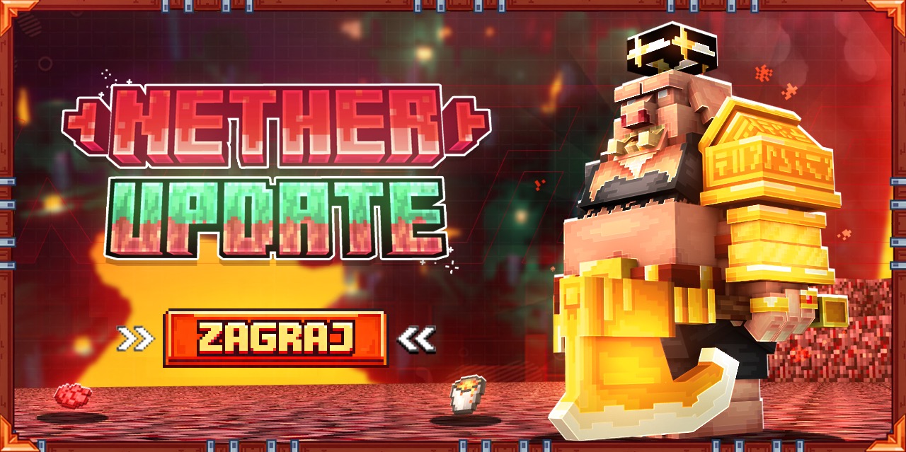 Grafika 3D z napisem 'Nether Update' i postacią w stylu Minecraft, zachęcająca do zagrania. Wykonano w Milanówku.
