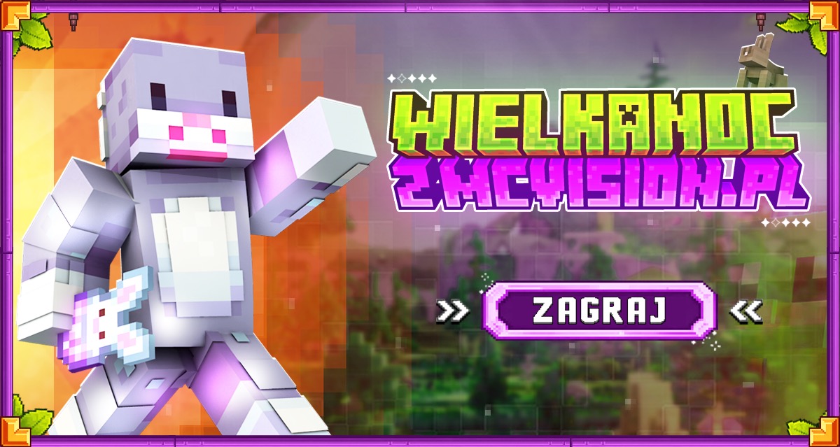 Grafika w stylu Minecraft z postacią królika i napisem 'Wielkanoc z mc-vision.pl'. Przycisk 'Zagraj' zachęca do interakcji. Całość w pikselowej estetyce.