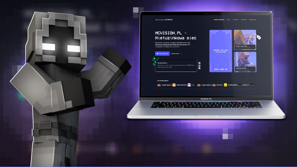 Laptop z otwartą stroną MCVISION.PL i postacią z gry Minecraft po lewej stronie. Grafika w stylu pixel art na fioletowym tle. Prezentacja strony internetowej.