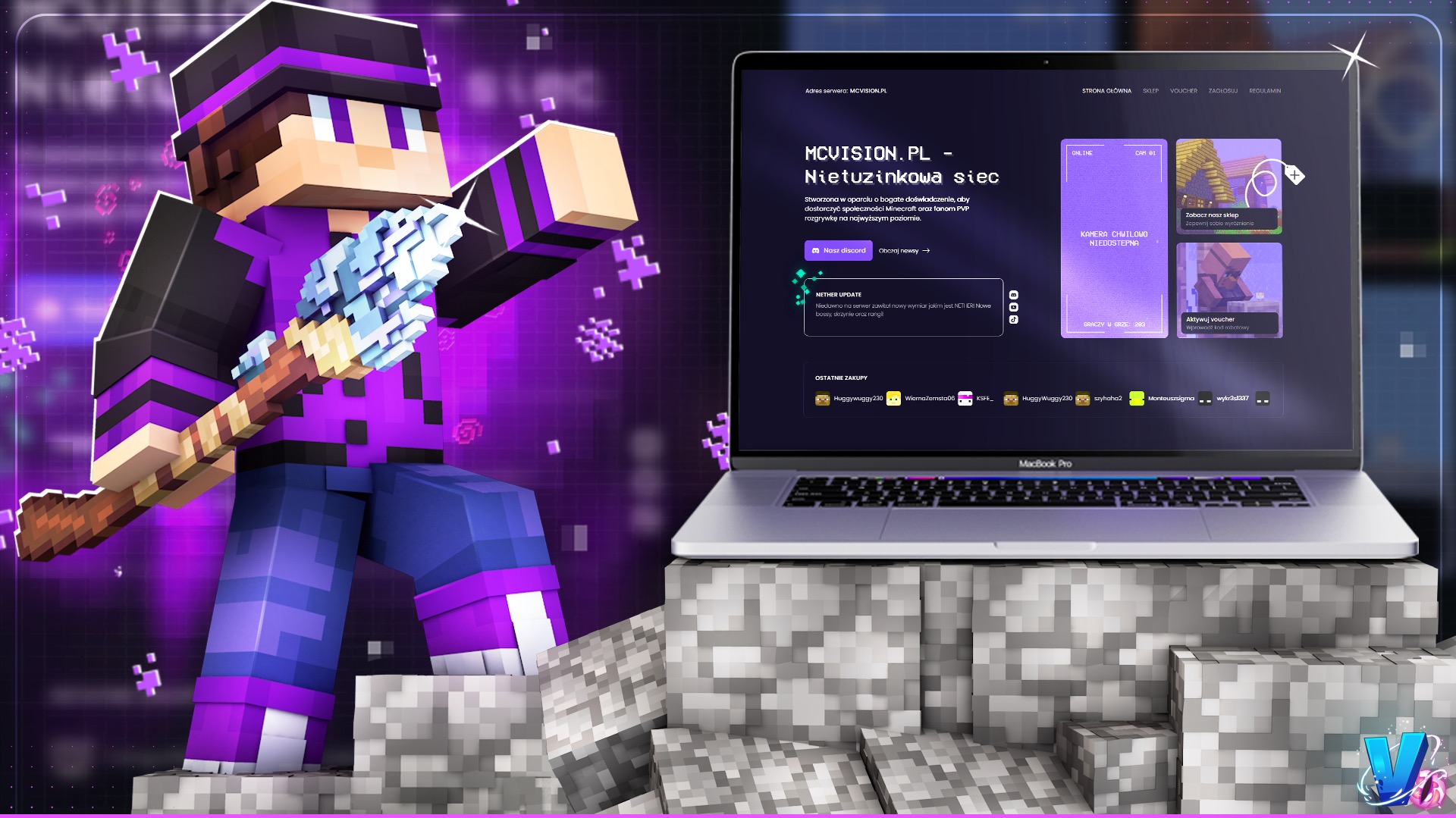 Ekran laptopa prezentuje stronę MCVISION.PL z grafiką Minecraft. Postać z gry trzyma włócznię. Tło fioletowe z motywami pikseli. Laptop stoi na blokach z Minecrafta.