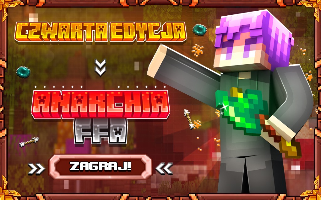 Grafika promująca czwartą edycję rozgrywki Anarchia FFA w stylu Minecraft. Pixelartowy avatar postaci z mieczem i napisem 'Zagraj!' w ozdobnej ramce.