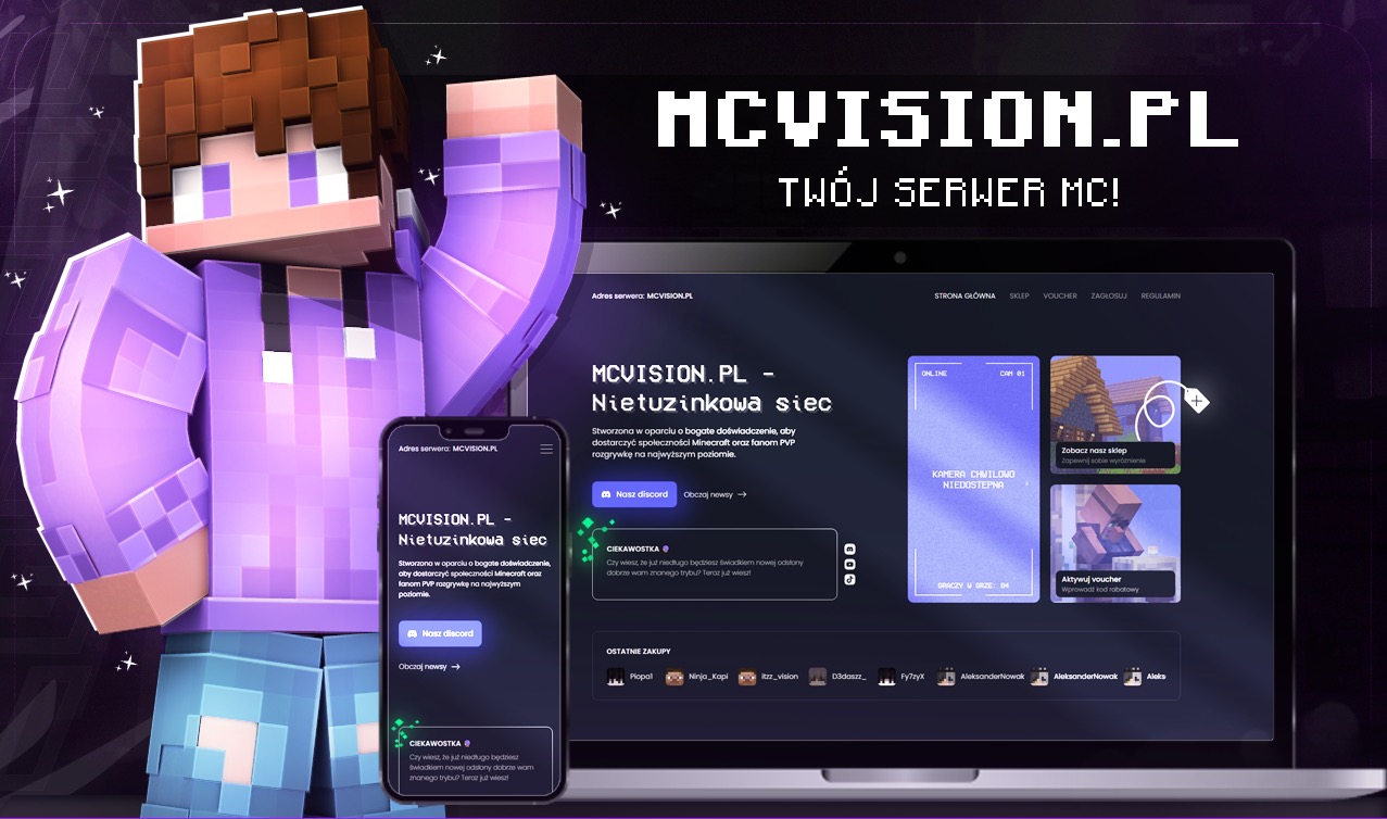 Prezentacja strony MCVISION.PL na laptopie i smartfonie z postacią z Minecrafta. Grafika strony w fioletowej tonacji, z widocznymi elementami interfejsu i logotypem.