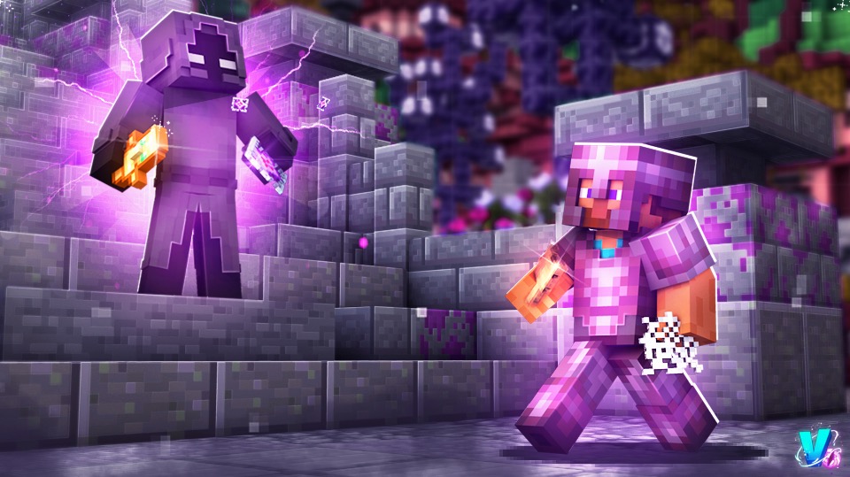 Stylizowana grafika 3D z gry Minecraft: postacie w fioletowych zbrojach na tle szarej, kamiennej konstrukcji z elementami roślinności i efektami świetlnymi.