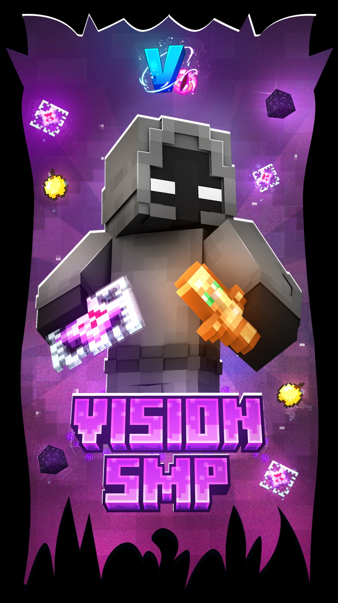 Grafika 3D prezentująca postać z gry Minecraft w szarym płaszczu z kapturem, trzymającą miecz i pochodnię na tle fioletowej scenerii z logotypem 'VISION SMP'.