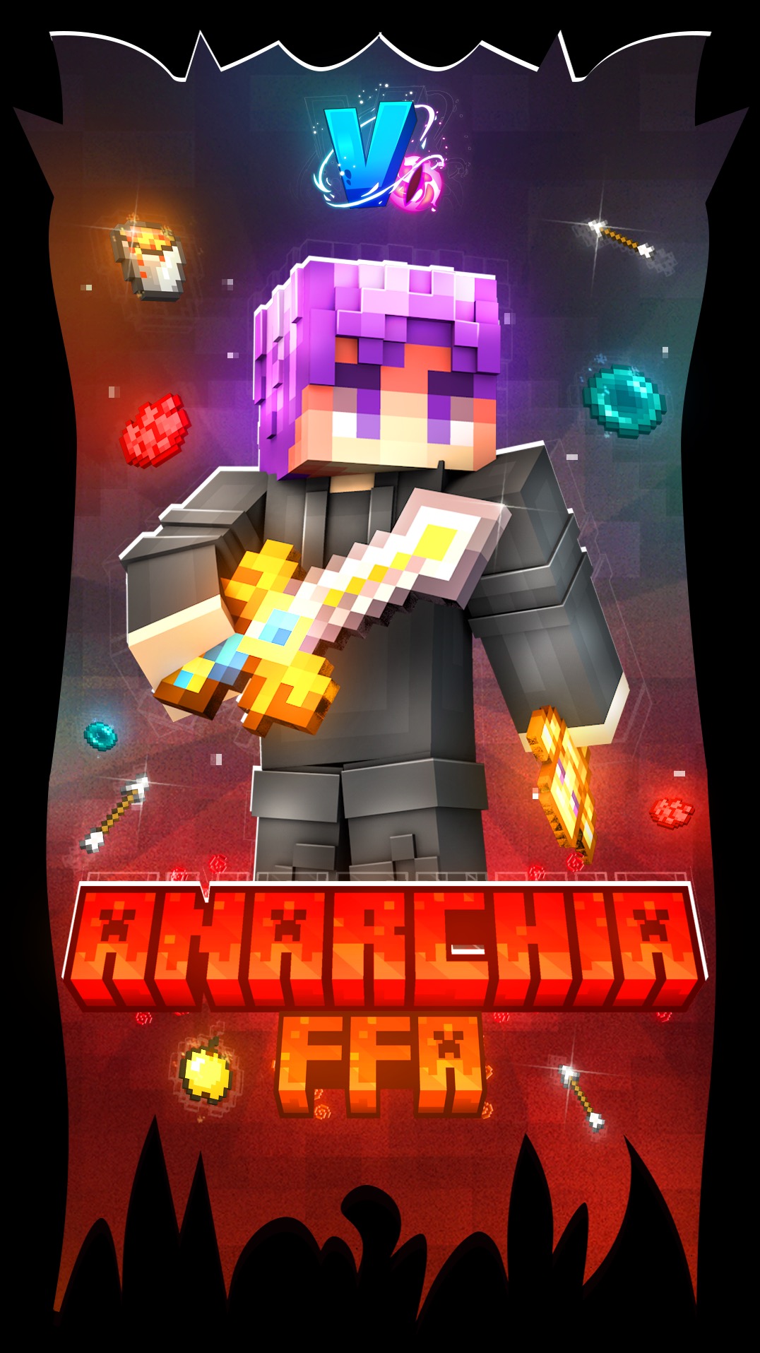 Grafika 3D prezentująca postać z gry wideo z fioletowymi włosami, trzymającą miecz, na tle z elementami graficznymi i napisem 'ANARCHIA FFA'.