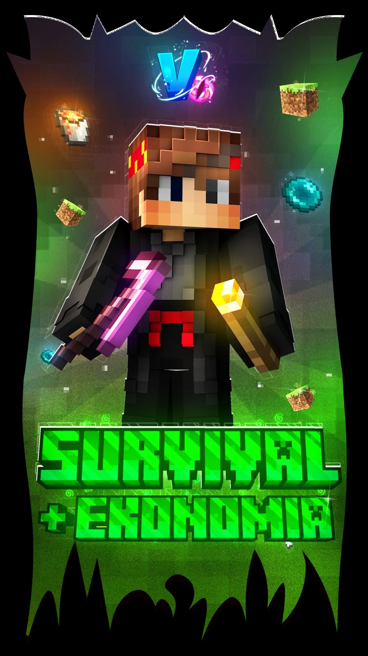 Grafika 3D prezentująca postać z gry Minecraft, otoczoną elementami graficznymi i napisem 'Survival + Ekonomia' w neonowej zieleni. Charakterystyczny styl pikselowy.