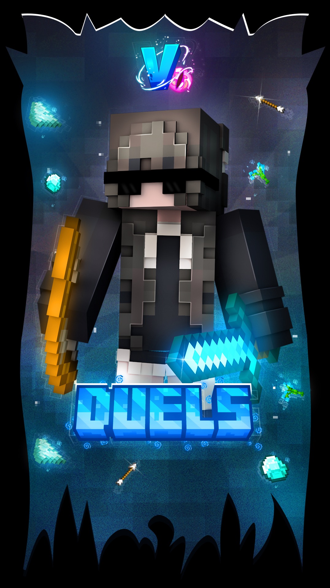 Grafika 3D prezentująca postać w stylu Minecraft z mieczem i strzałami na tle z napisem 'DUELS', w ciemnej tonacji z elementami neonowymi.