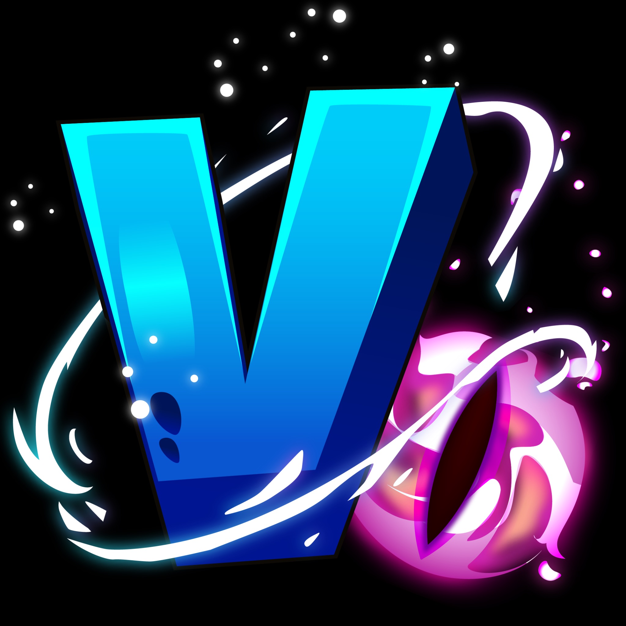 Grafika 3D z niebieską literą 'V' i fioletową kulą otoczoną białymi smugami na czarnym tle, przypominająca logo lub element identyfikacji wizualnej.