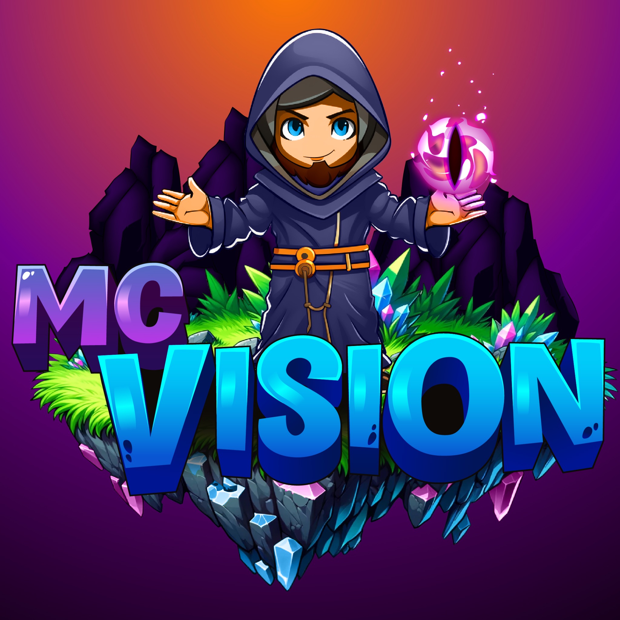 Ilustracja postaci czarodzieja z kryształową kulą na tle fioletowo-pomarańczowym, z napisem 'MC VISION' w stylu 3D, osadzonym na lewitującej wyspie.