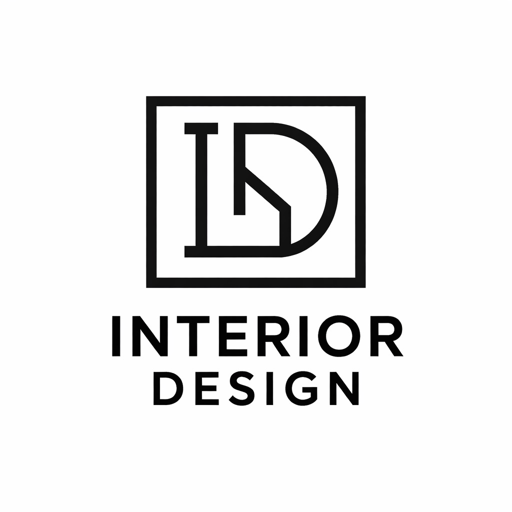 Minimalistyczne logo 'LD Interior Design' w czerni na białym tle. Geometryczny symbol w kwadracie nad napisem 'INTERIOR DESIGN'.