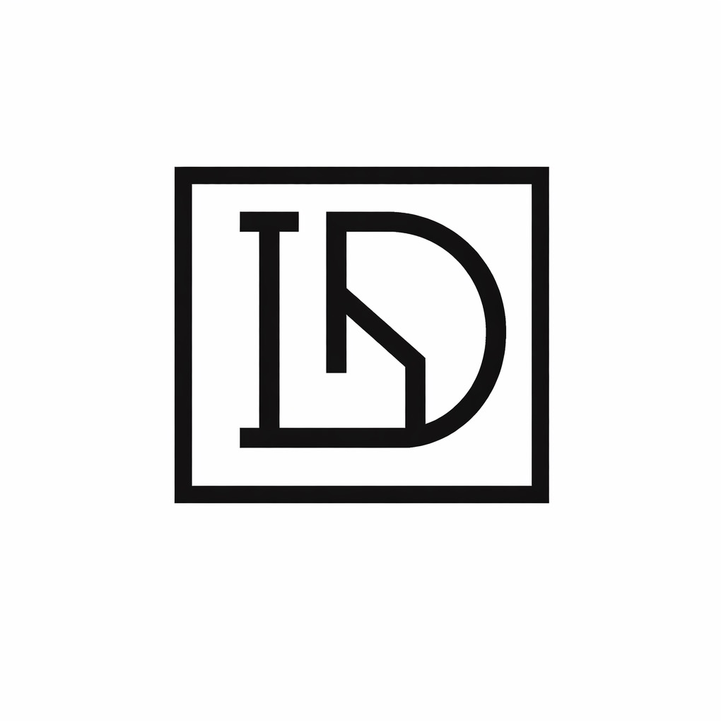 Minimalistyczny, czarno-biały logotyp w kwadracie, łączący litery 'L' i 'D' w unikalny, geometryczny kształt. Proste linie tworzą nowoczesny i elegancki znak graficzny.