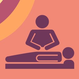 Studio Masażu Wojciech Kabak - Graficzna ilustracja: osoba wykonująca masaż na leżącym pacjencie. Uproszczony, fioletowy rysunek na pomarańczowym tle z kolorowymi łukami w lewym górnym rogu.