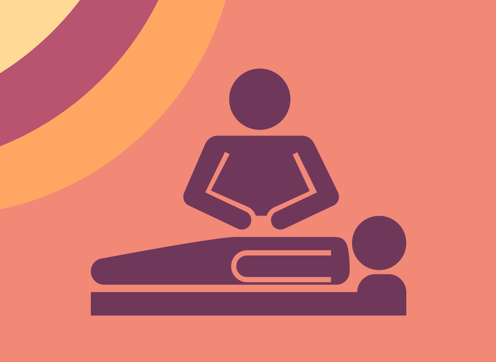 Graficzna ilustracja: osoba wykonująca masaż na leżącym pacjencie. Uproszczony, fioletowy rysunek na pomarańczowym tle z kolorowymi łukami w lewym górnym rogu.