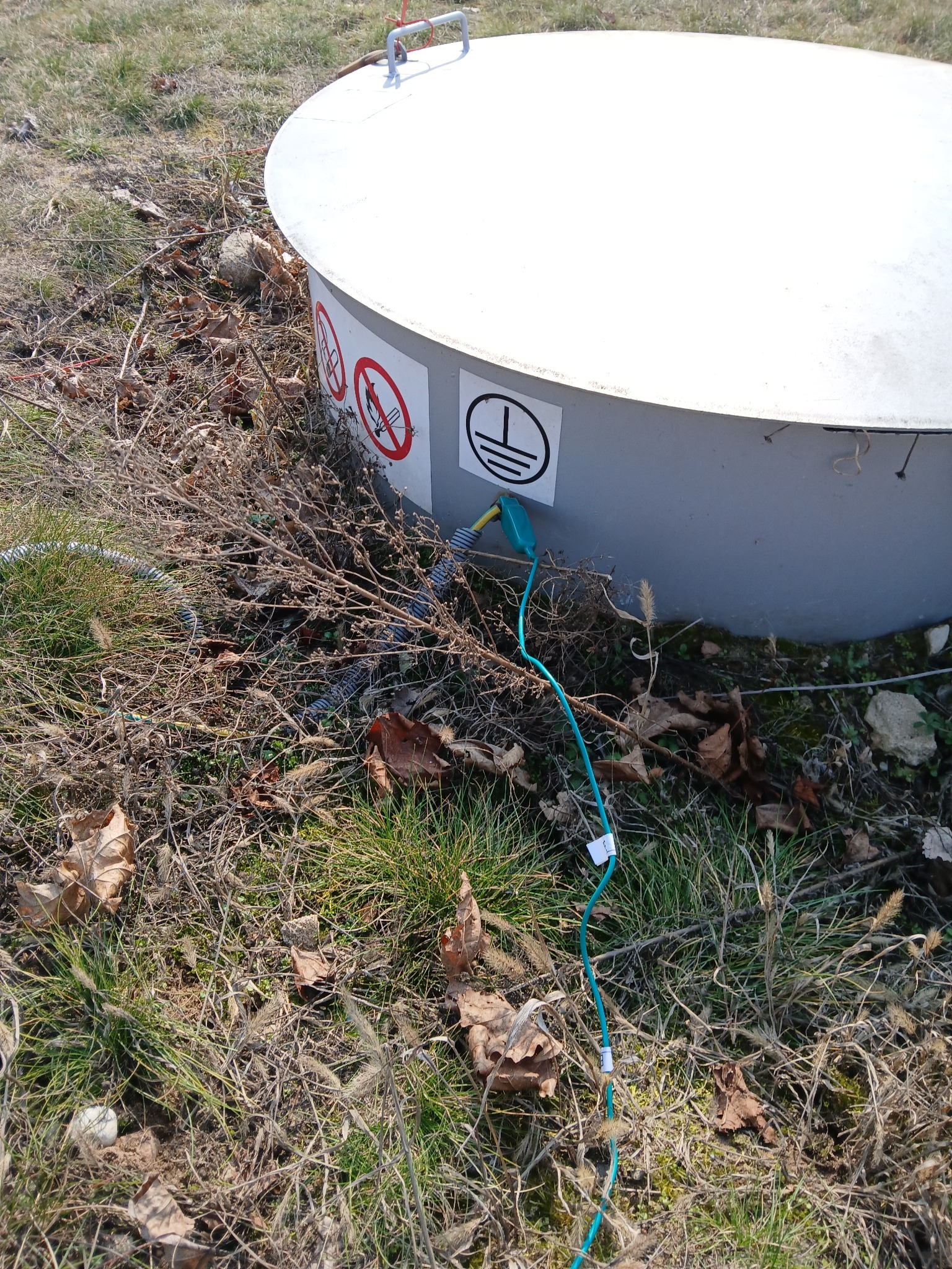 Metalowa studzienka z symbolem uziemienia i podłączonym przewodem uziemiającym na zewnątrz, otoczona trawą i suchymi liśćmi. Widoczne znaki zakazu palenia i używania otwartego ognia.