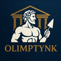 OlimpTynk - Grafika: Stylizowany wizerunek greckiego boga z kielnią na tle budynku w stylu antycznym, poniżej napis 'OLIMPTYNK' w kolorze złotym na granatowym tle.