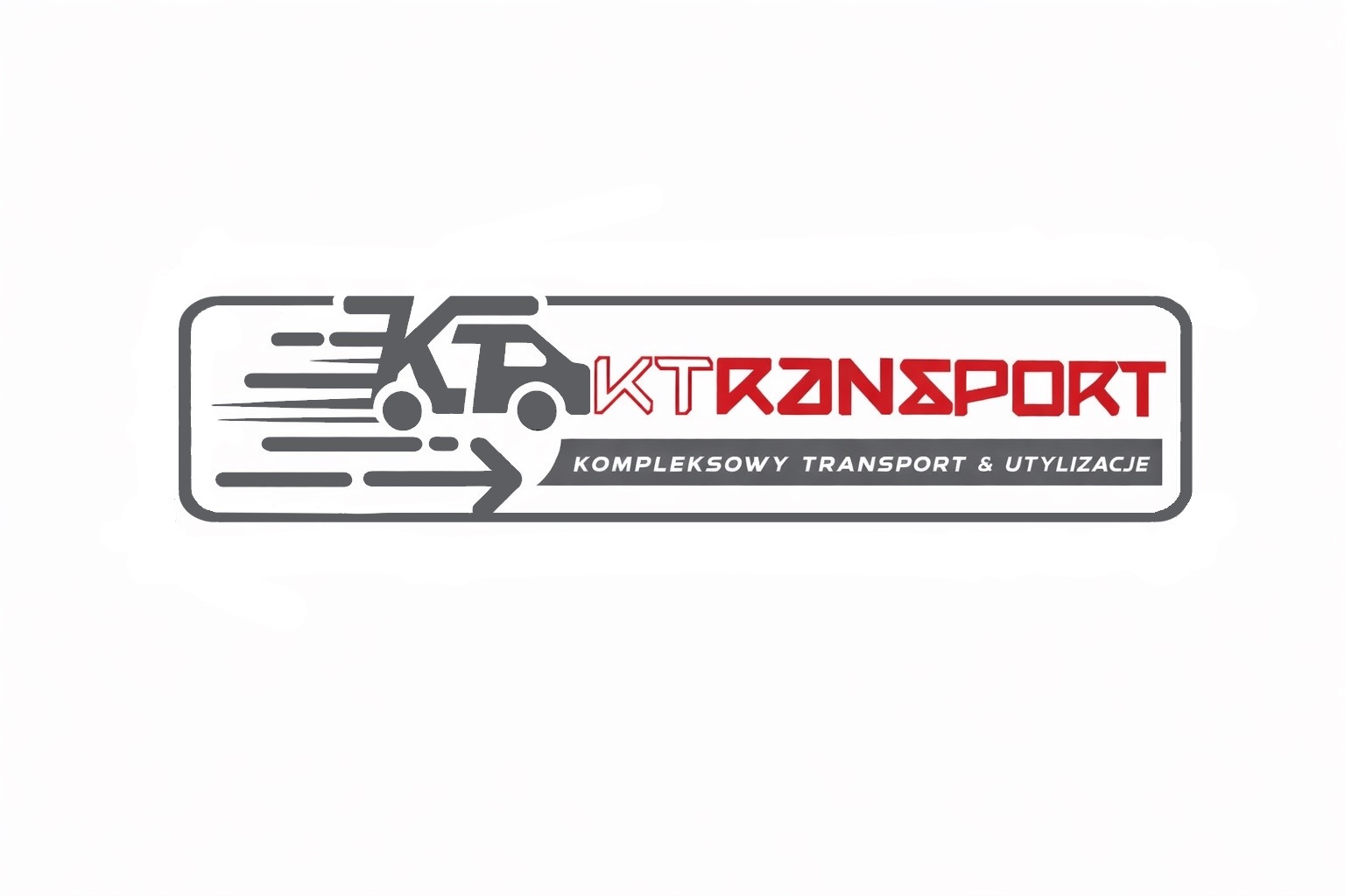 Logo firmy transportowej KTransport z ikoną busa i napisem 'Kompleksowy transport i utylizacja' na białym tle.