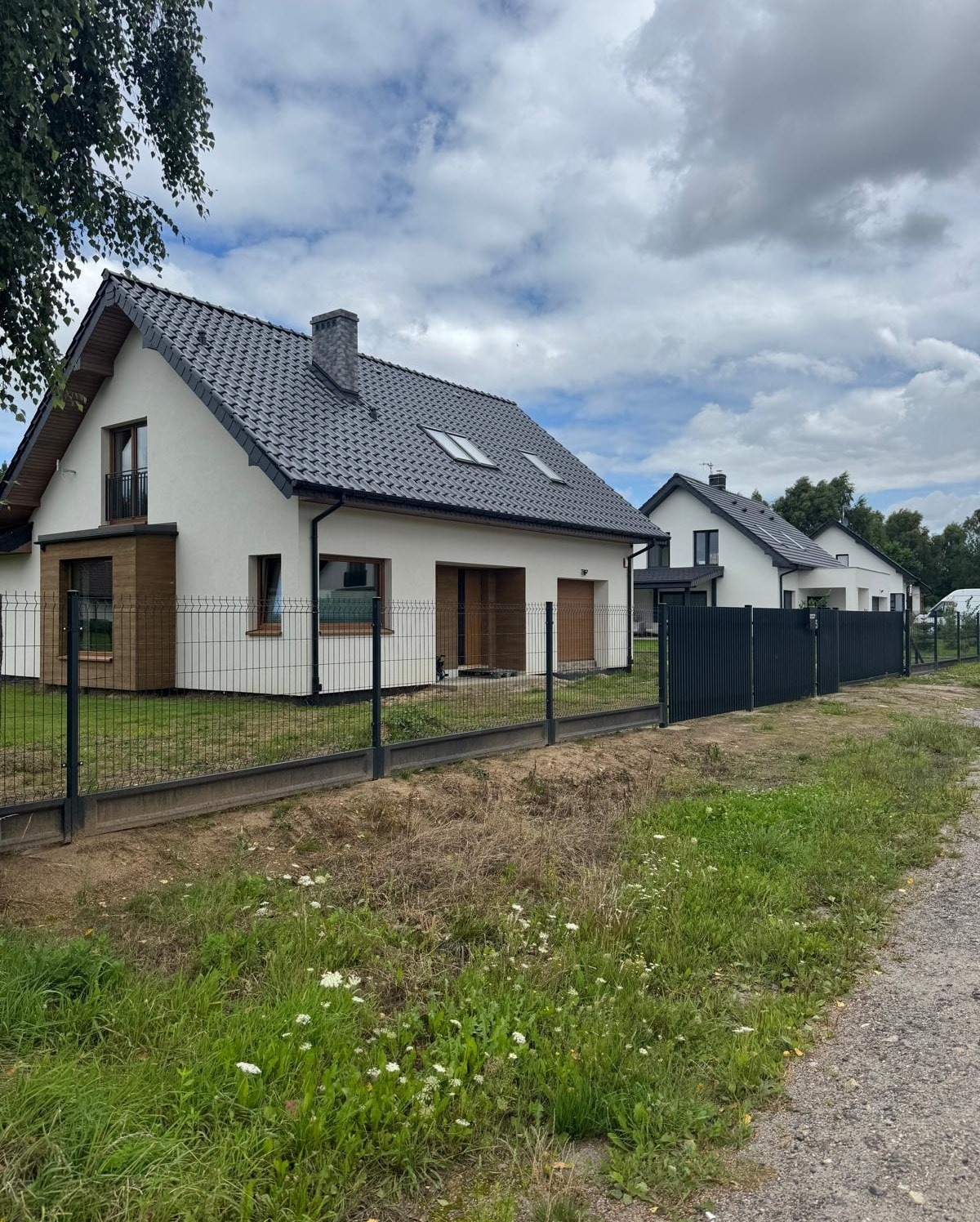 Nowoczesne domy jednorodzinne z grafitowym ogrodzeniem panelowym na podmurówce, widok z zewnątrz w pochmurny dzień. Minimalistyczny design.