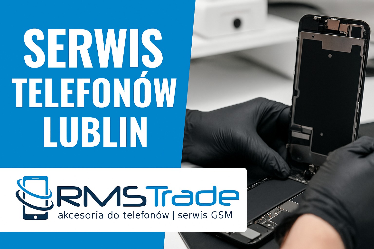 Rozłożony smartfon w czarnych rękawicach, serwis GSM. Widoczny napis 'Serwis Telefonów Lublin' i logo RMS Trade. Precyzyjna naprawa elektroniki.