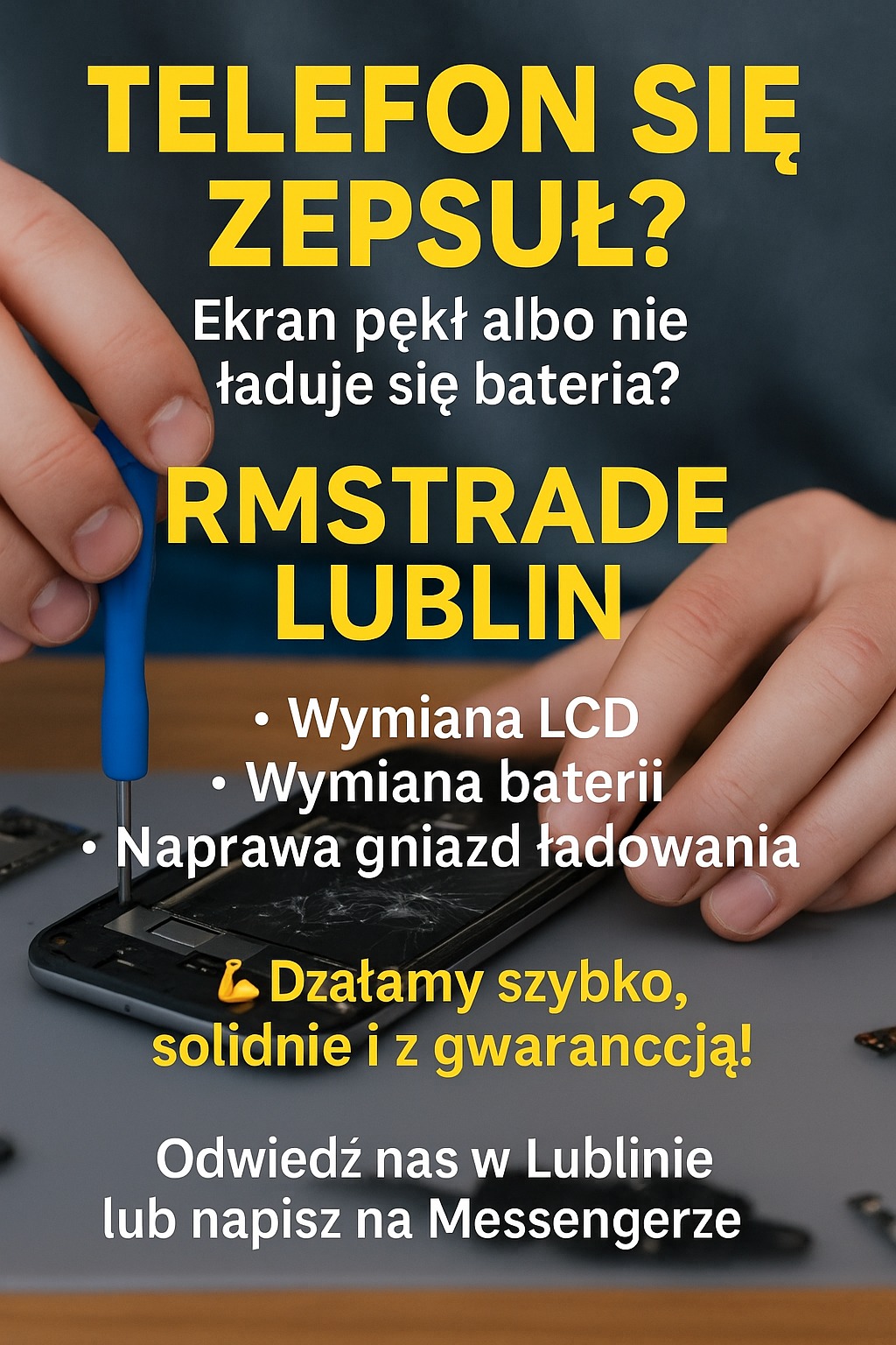Reklama serwisu telefonów RMSTRADE Lublin. Naprawa gniazd ładowania, wymiana LCD i baterii. Telefon z pękniętym ekranem w trakcie naprawy.
