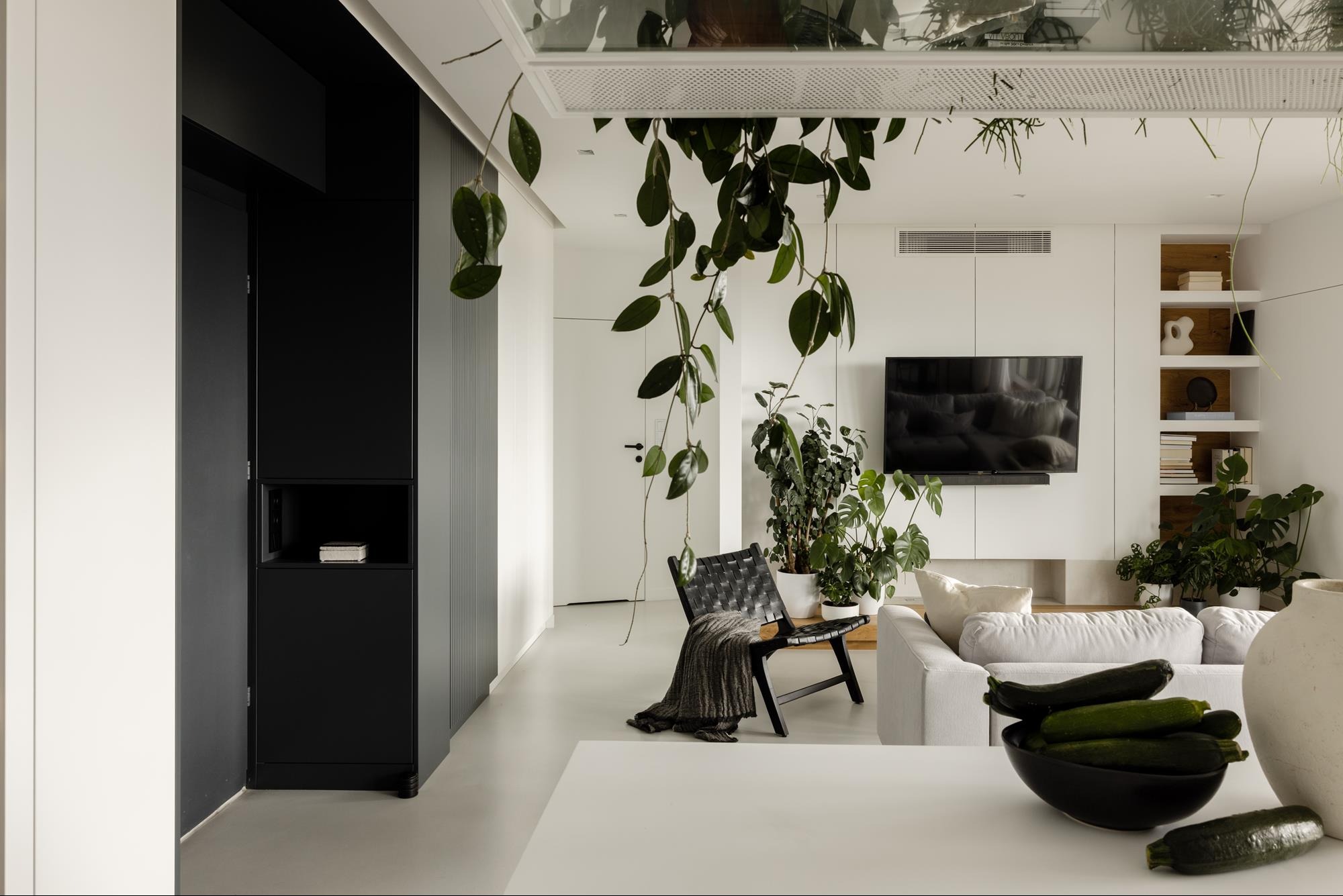 Jasne, minimalistyczne wnętrze salonu z roślinami wiszącymi z sufitu, czarnym regałem i elementami dekoracyjnymi. Widoczny fragment sofy i stolika z warzywami.