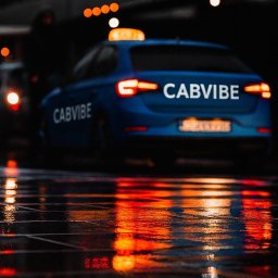 Cabvibe - Błękitny samochód CabVibe z włączonymi światłami stopu, widziany z tyłu na mokrej nawierzchni odbijającej pomarańczowe światła miasta nocą.