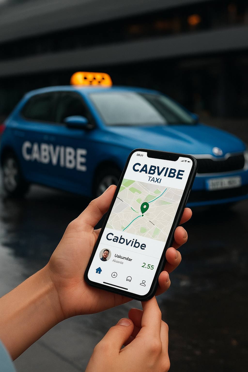Aplikacja Cabvibe Taxi na smartfonie w dłoni, z niebieskim autem taxi w tle. Widoczny ekran z mapą i profilem kierowcy. Nowoczesny design aplikacji.