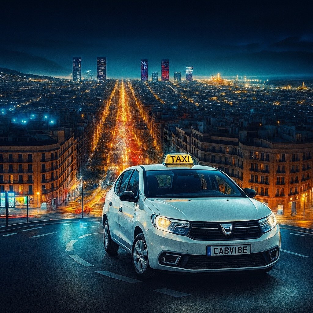 Biała Dacia z napisem TAXI na tle nocnej panoramy miasta z wieżowcami w oddali. Widoczne światła ulic i budynki. Tablica rejestracyjna z napisem CABVIBE.