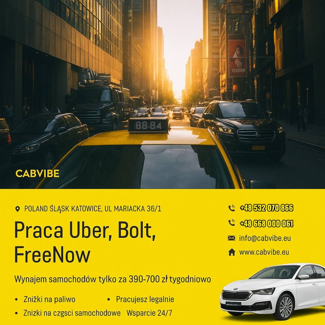 Żółta taksówka z numerem 88-84 na dachu, w tle panorama miasta z wysokimi budynkami. Oferta pracy dla kierowców Uber, Bolt, FreeNow. Wynajem aut.